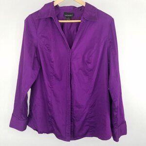 Lane Bryant Size 18 Purple Button Up Collared Long Sleeve V-Neck Cotton Spandex